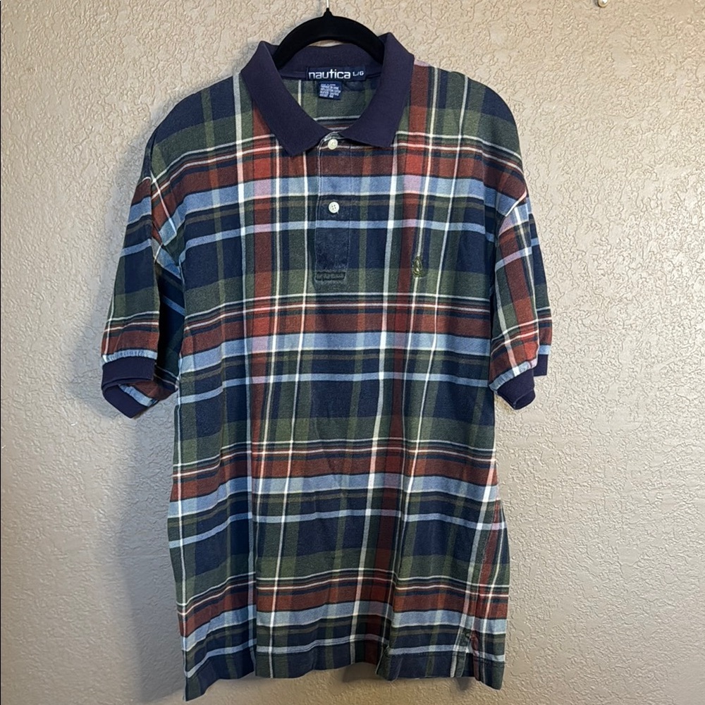 Nautica Red and Blue Polo Shirt Classic Plaid Design